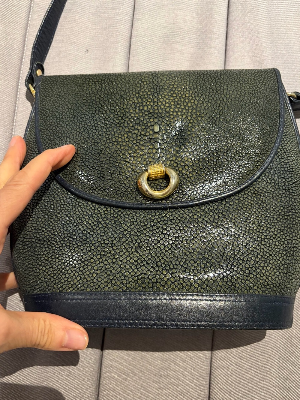 Aqua blue Stingray Leather Crossbody Bag with Gold Ring Accent